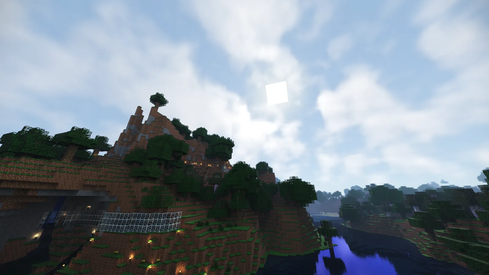 BetaRT by sambow23, path-traced Minecraft Beta hillside under Numos skies
