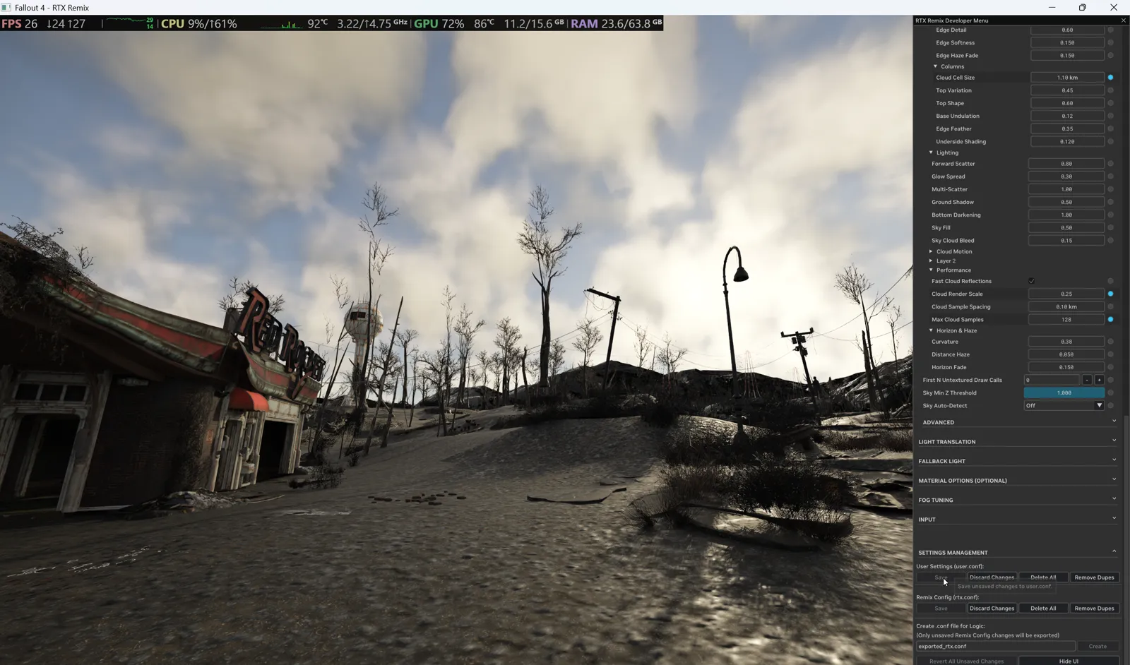 Numos volumetric clouds over a Red Rocket station in Fallout 4 with Remix Plus