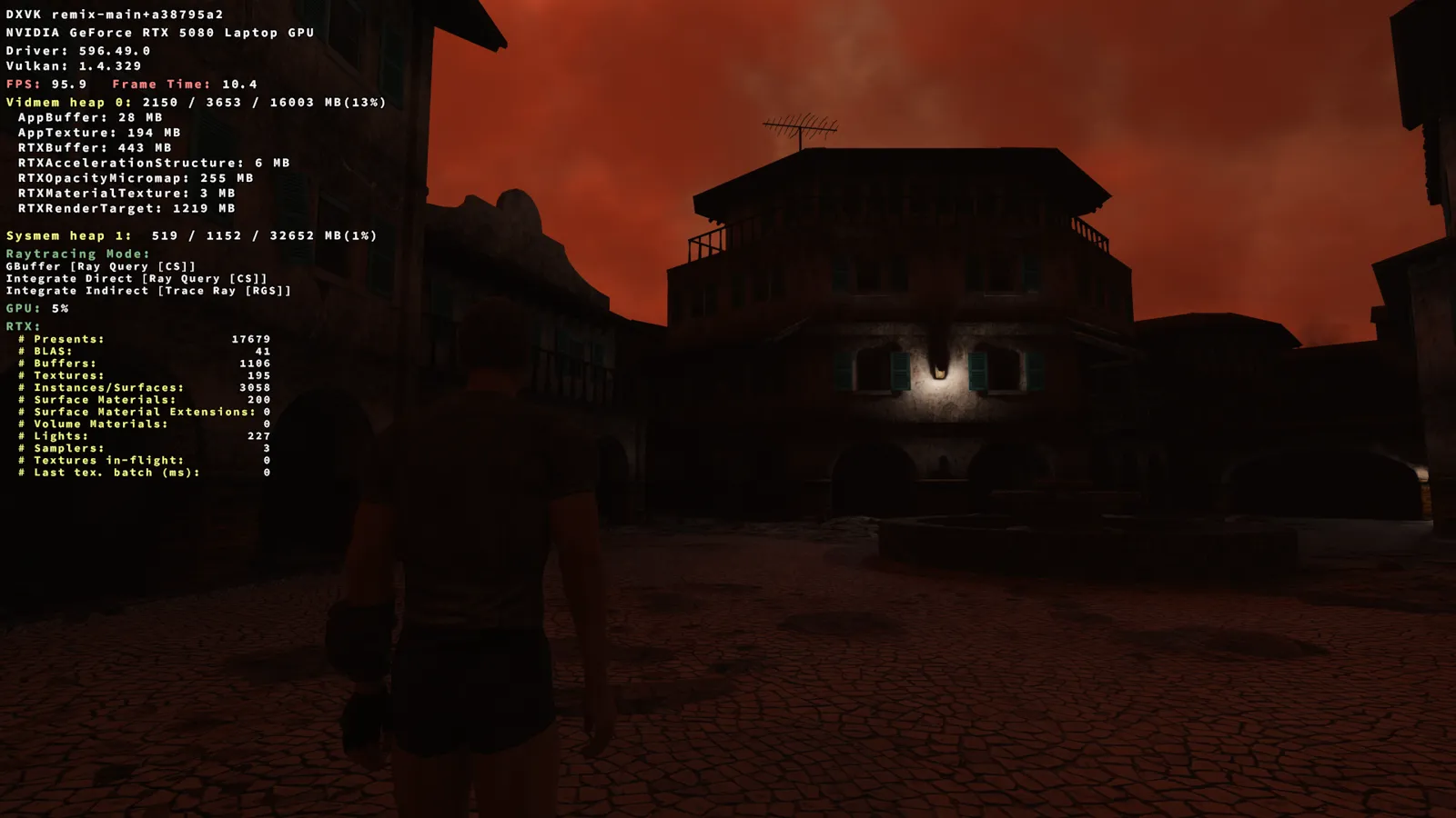 Stormy red Numos skies over a path-traced town